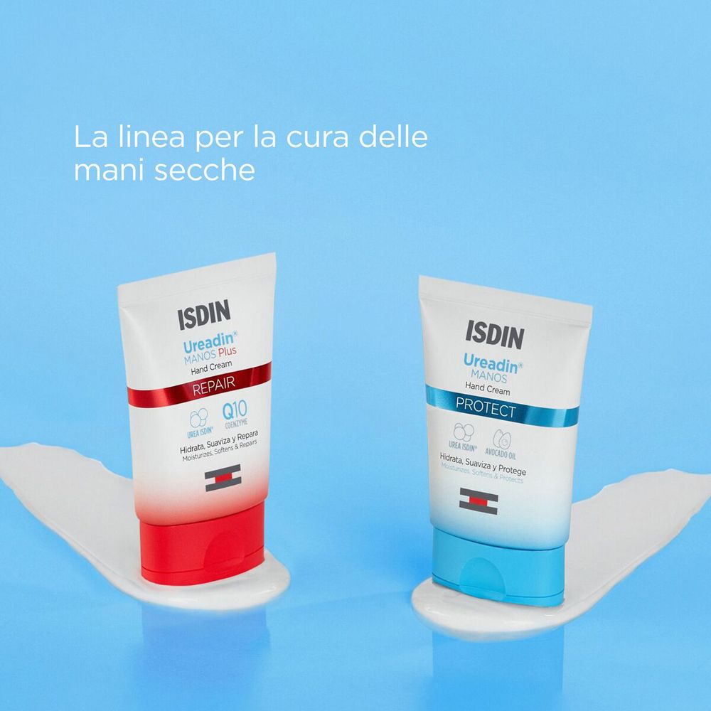 Due tubetti di crema per le mani. Scritta: ISDIN Ureadin® MANOS PLUS Hand Cream REPAIR e PROTECT.