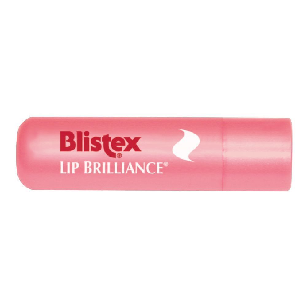 Stick labbra rosa con scritta rossa. Scritta: Blistex Lip Brilliance.