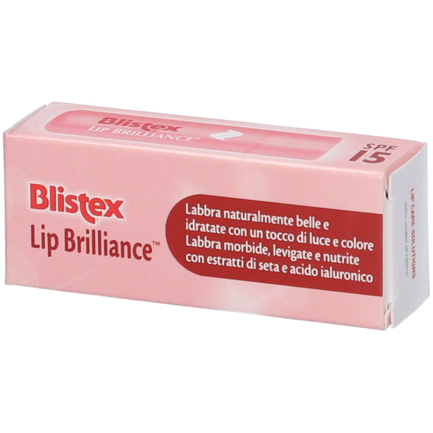 Scatola rosa con prodotto. Scritta: Blistex Lip Brilliance SPF 15. Testo in italiano.