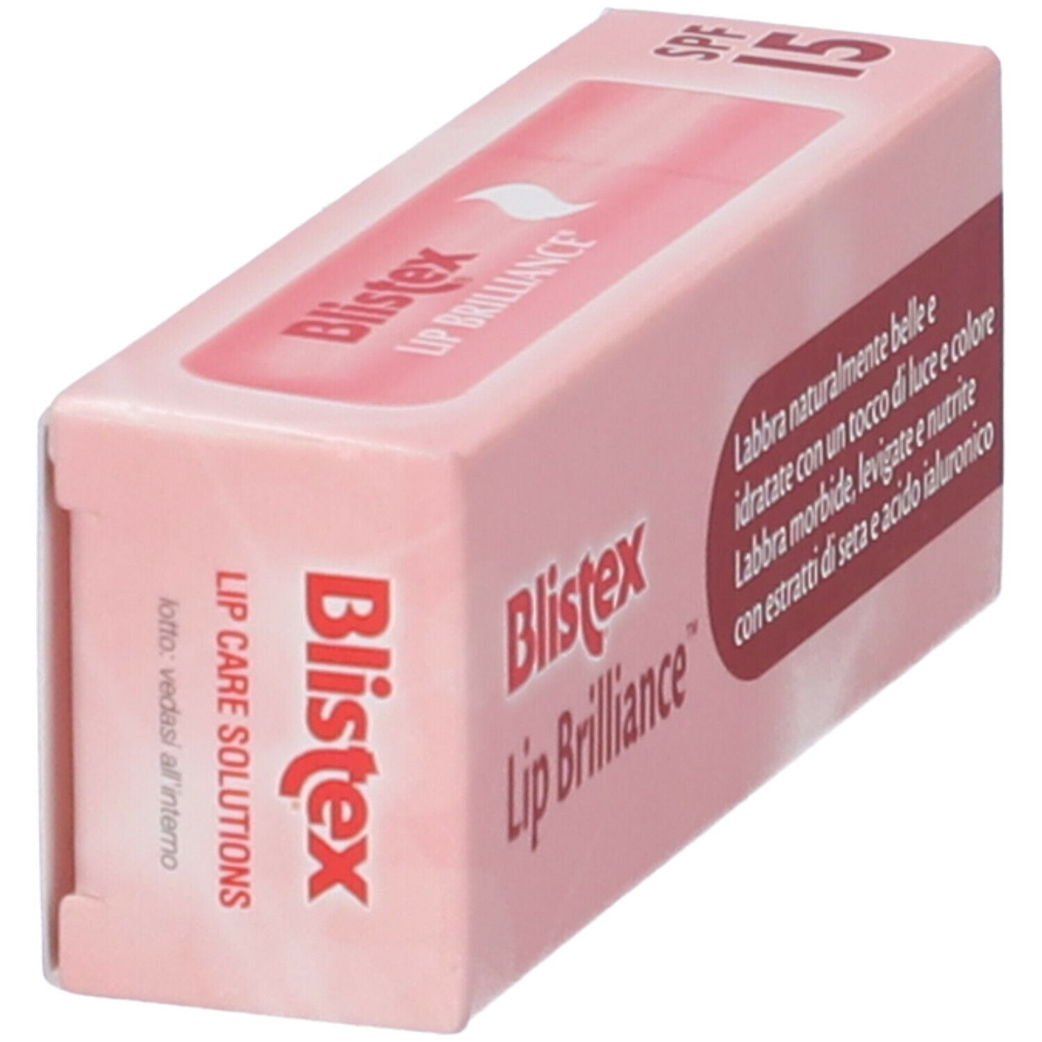 Scatola rosa, in diagonale. Scritta: Blistex Lip Brilliance SPF 15. Testo in italiano.