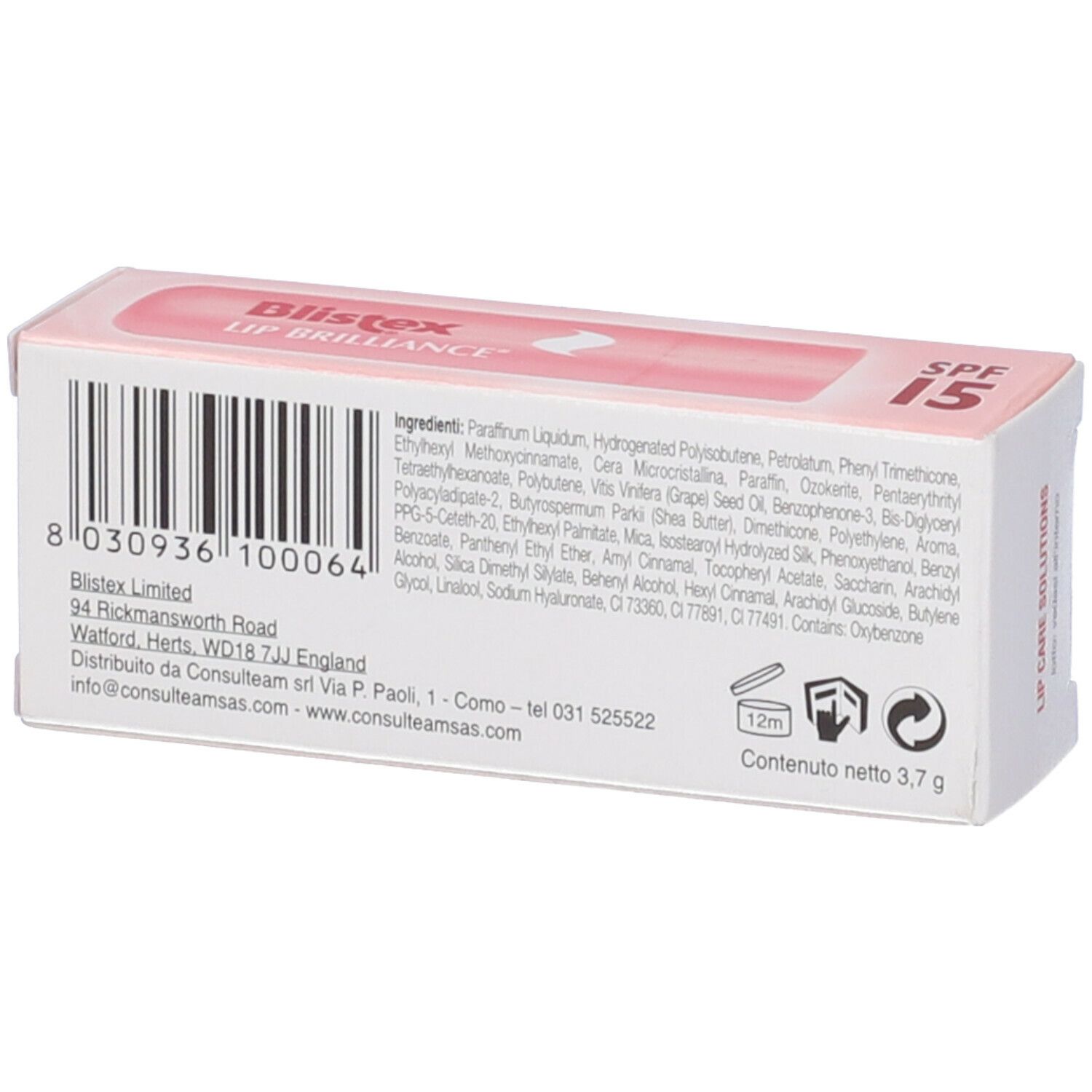 Retro della scatola rosa. Scritta: Blistex Lip Brilliance SPF 15. Ingredienti.