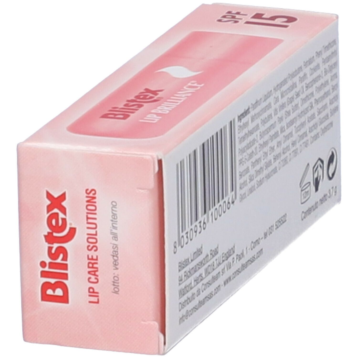 Scatola, in diagonale. Scritta: Blistex Lip Brilliance SPF 15. Ingredienti e testo.