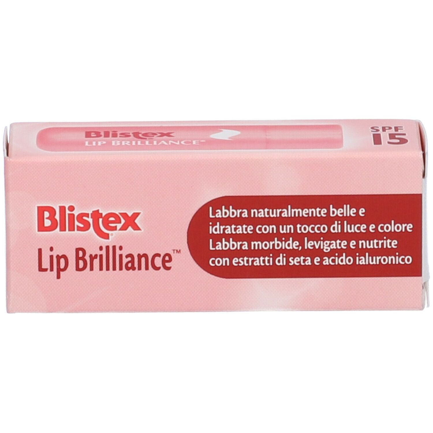 Scatola rosa. Scritta: Blistex Lip Brilliance SPF 15. Testo in italiano.