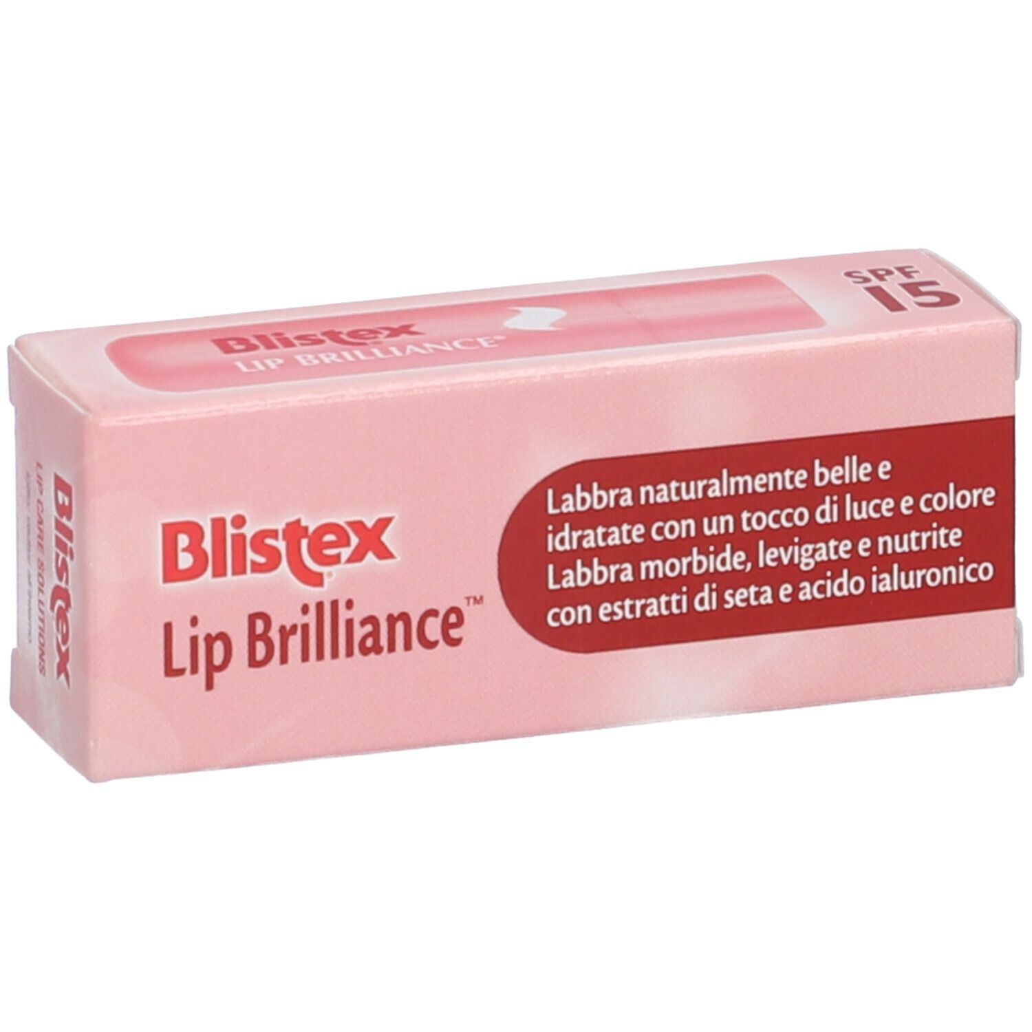 Scatola rosa. Scritta: Blistex Lip Brilliance SPF 15. Testo in italiano.