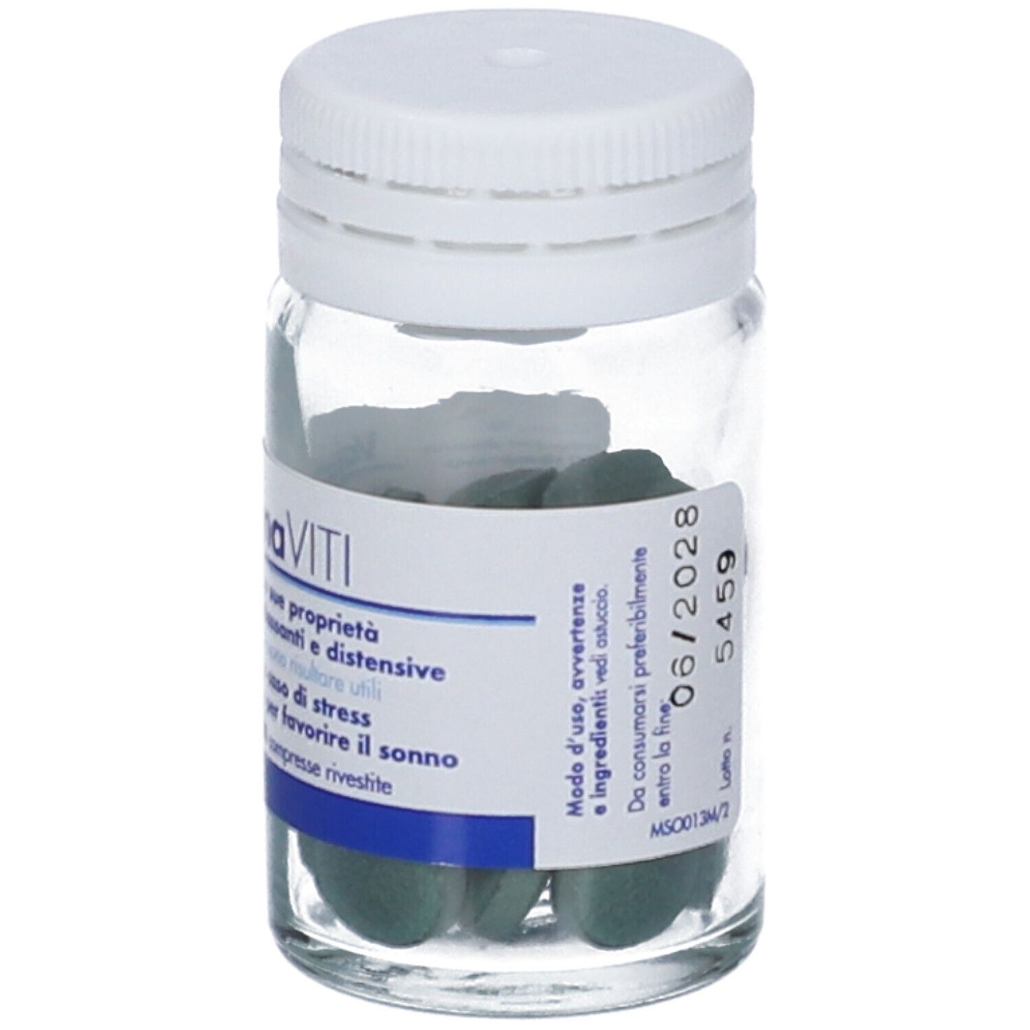 Valeriana Viti: Glasflasche mit Tabletten. Hinweise zur Anwendung und Verfallsdatum 06/2028.
