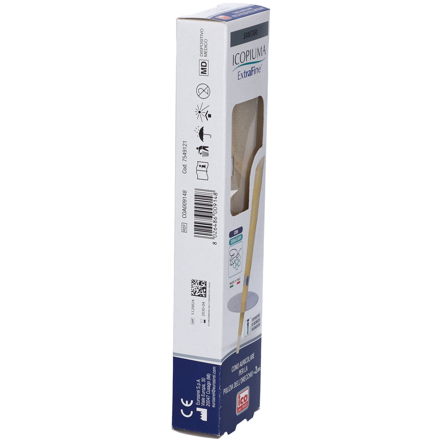 Schmale Verpackung mit Produktinformationen. Sichtbar: Produktname, Marke, Barcode, und Zertifizierungen. Rückansicht der Verpackung.
