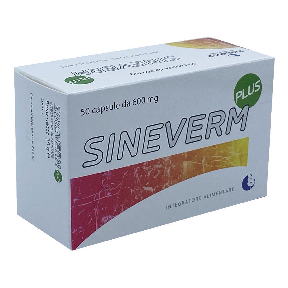 Scatola bianca SINEVERM PLUS. Contiene 50 capsule da 600 mg. Scritto: Integratore Alimentare.