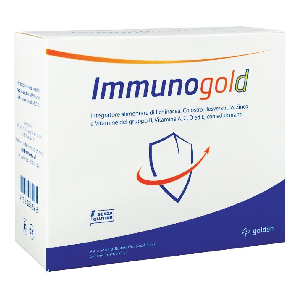 Scatola bianca con logo "Immunogold". Contiene integratore alimentare con echinacea, colostro, zinco e vitamine. Senza glutine.