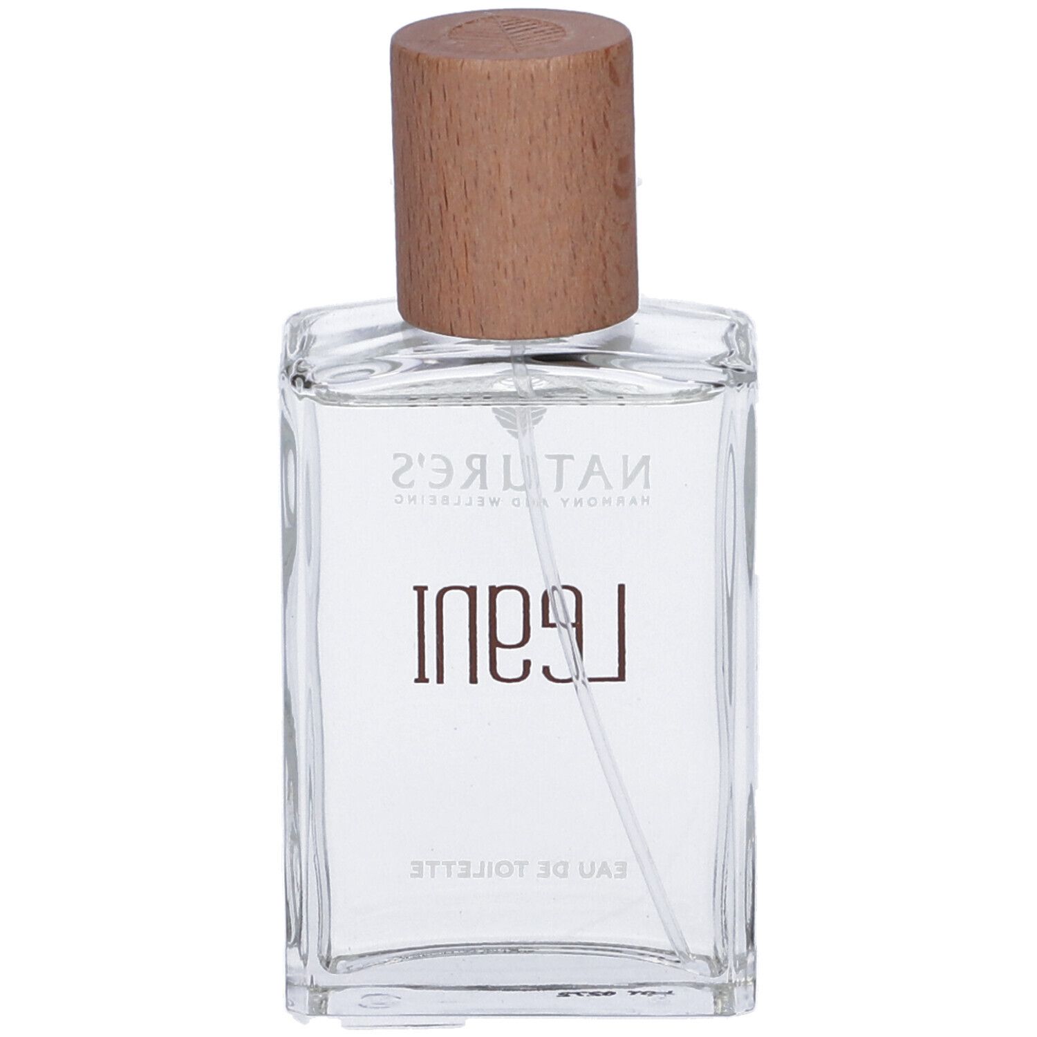 Flacone in vetro con tappo in legno. Scritta: Legni Eau de Toilette. Forma rettangolare. Contenuto trasparente.