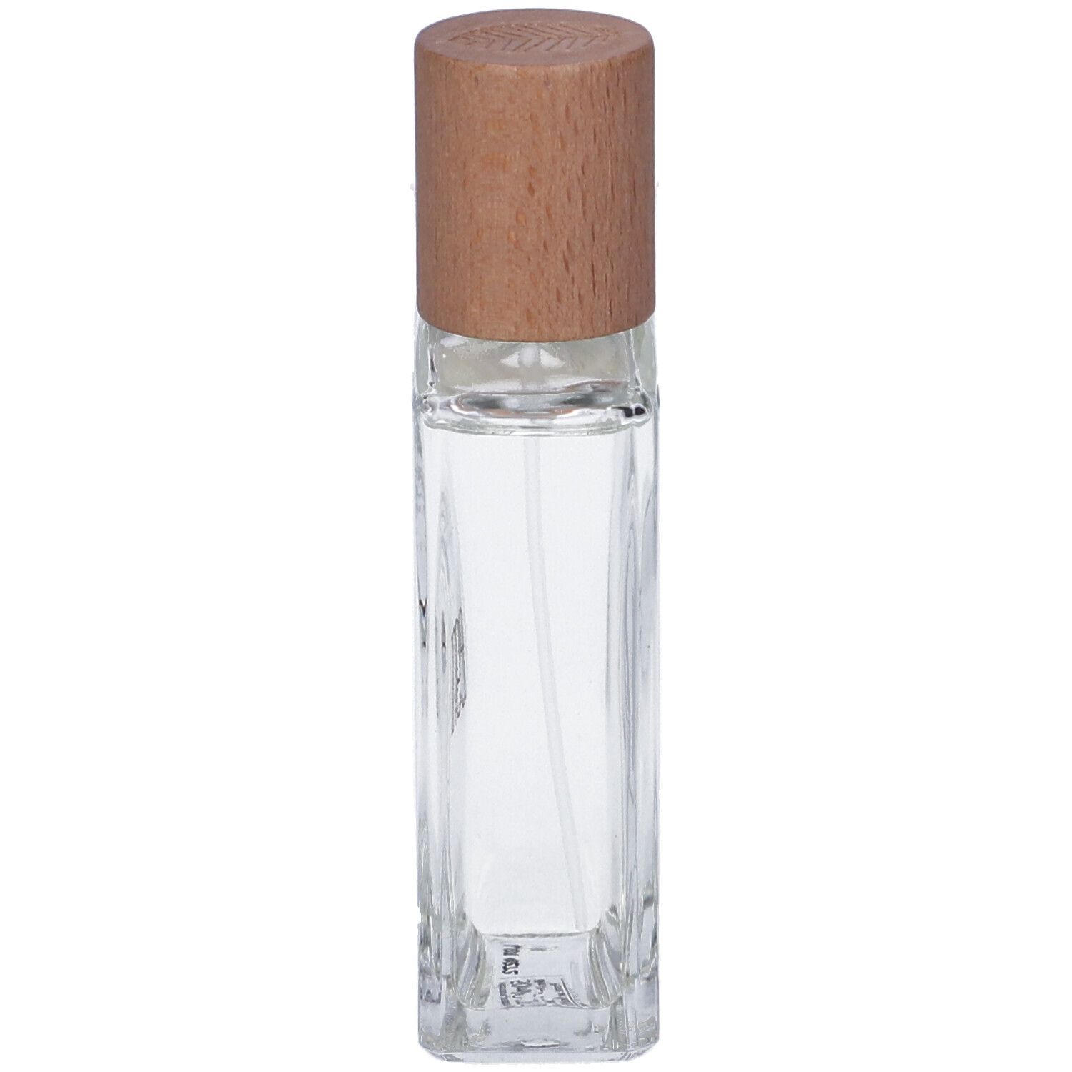 Flacone rettangolare in vetro con tappo in legno. Contenuto trasparente. Erogatore spray. Forma alta e stretta.