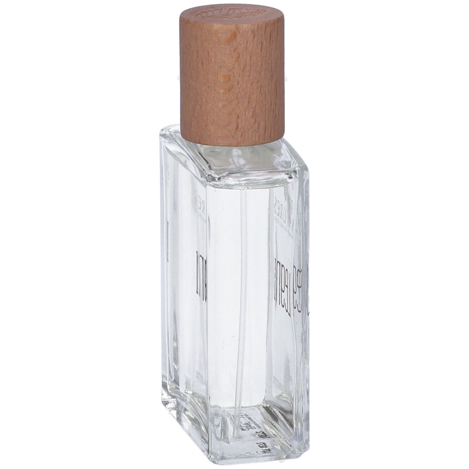 Flacone in vetro con tappo in legno. Scritta: Legni Eau de Toilette. Forma rettangolare. Contenuto trasparente.
