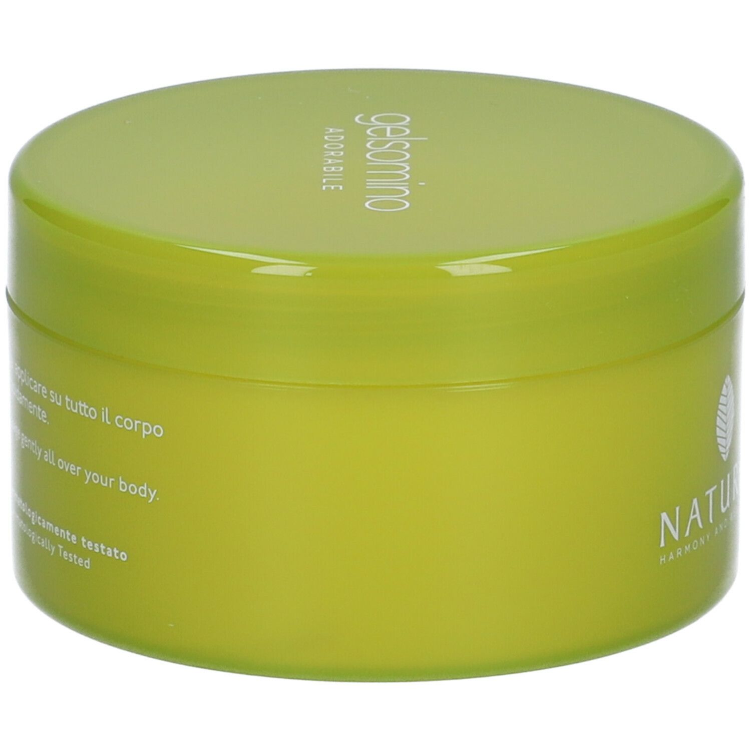 Vaso di crema verde. Scritta: Gelsomino Adorabile. Testo in italiano: istruzioni per l'uso e ingredienti.