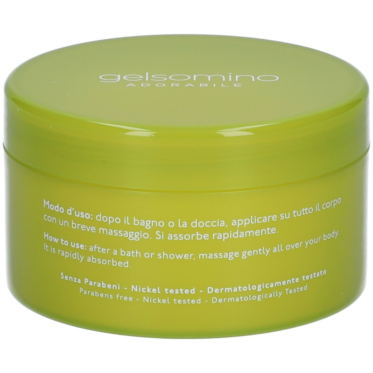 Vaso di crema verde. Scritta: Gelsomino Adorabile. Testo in italiano: istruzioni per l'uso e ingredienti.