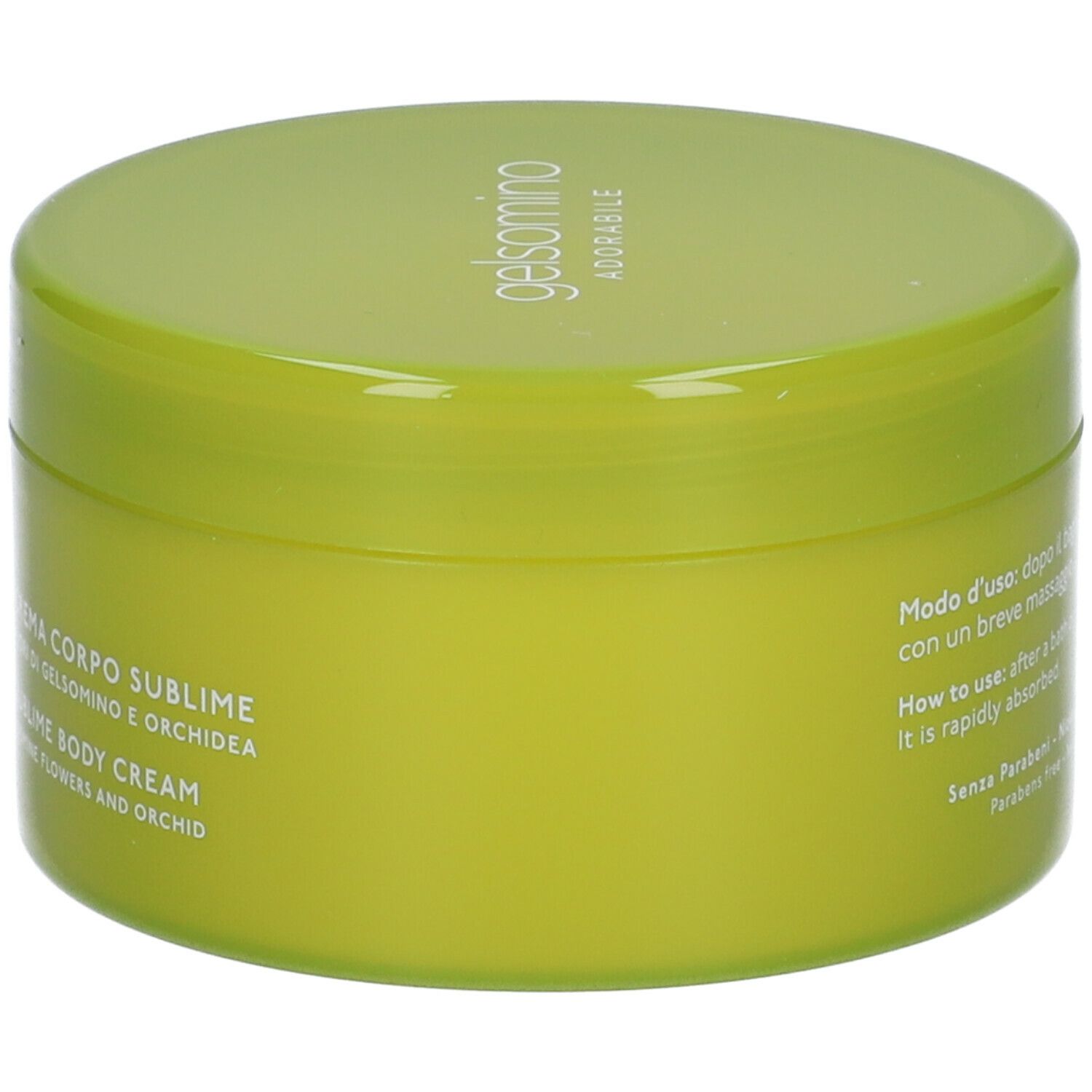 Vaso di crema verde. Scritta: Gelsomino Adorabile. Testo in italiano: istruzioni per l'uso e ingredienti.