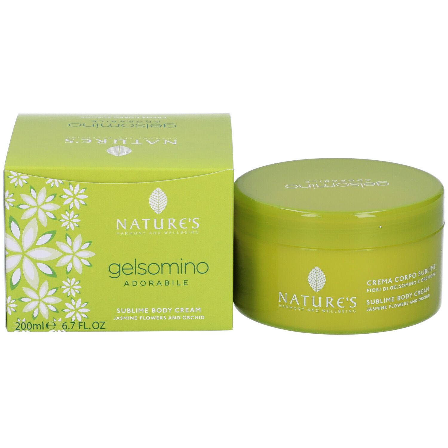 Scatola e vaso verdi. Scritta: NATURE'S, Gelsomino Adorabile, Crema Corpo Sublime, Gelsomino e Orchidea. 200ml.