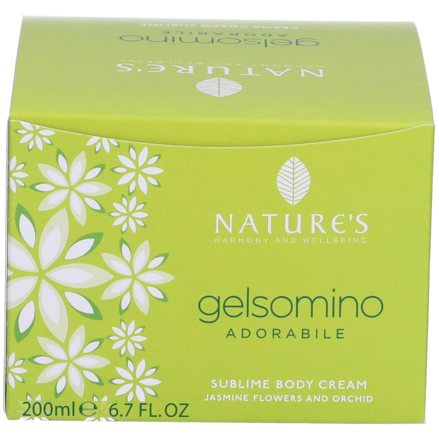 Scatola verde con testo bianco. Scritta: NATURE'S, Gelsomino Adorabile, Crema Corpo Sublime, Gelsomino e Orchidea. 200ml.