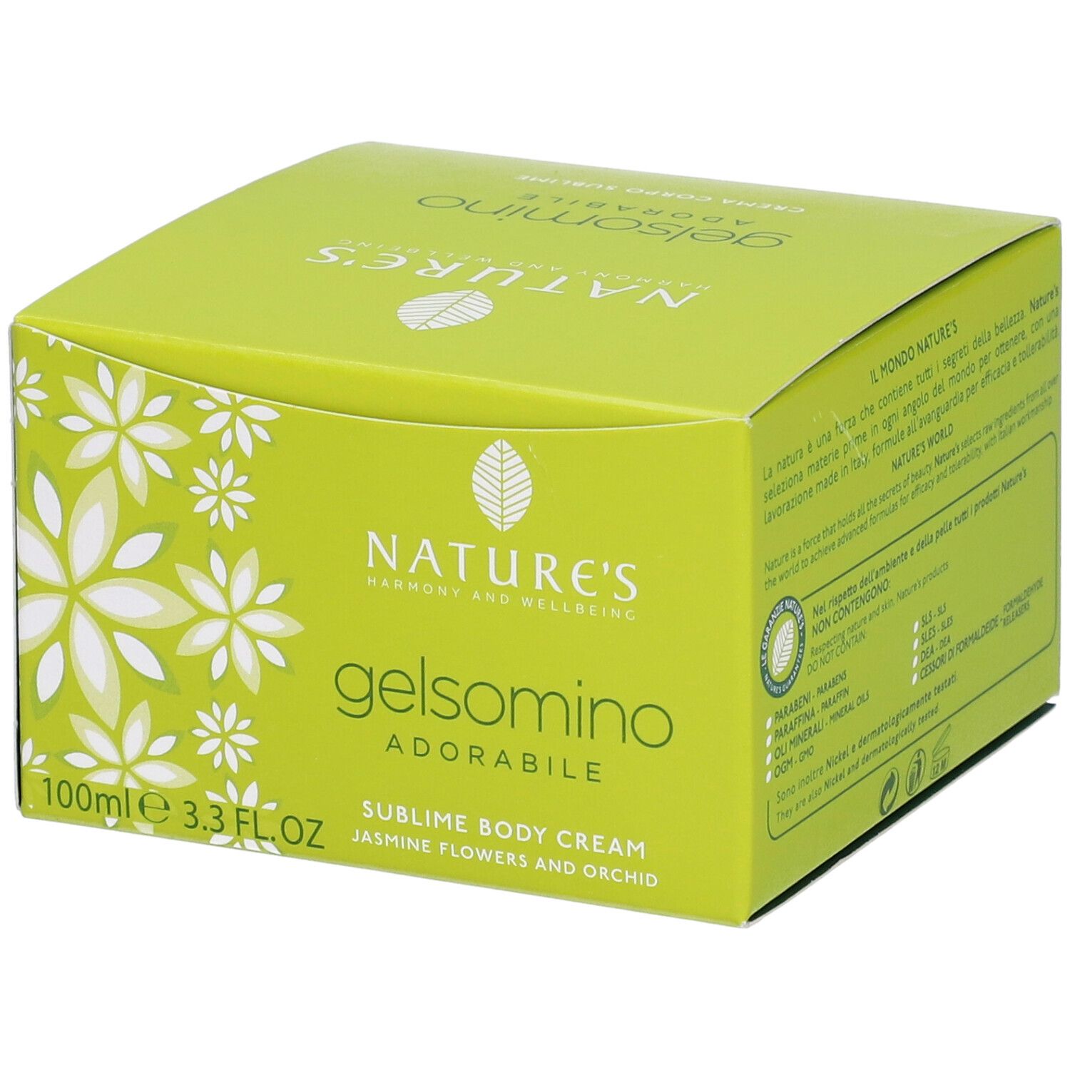 Scatola verde con motivi floreali bianchi. Scritte: Nature's, Gelsomino Adorabile, Sublime Body Cream.
