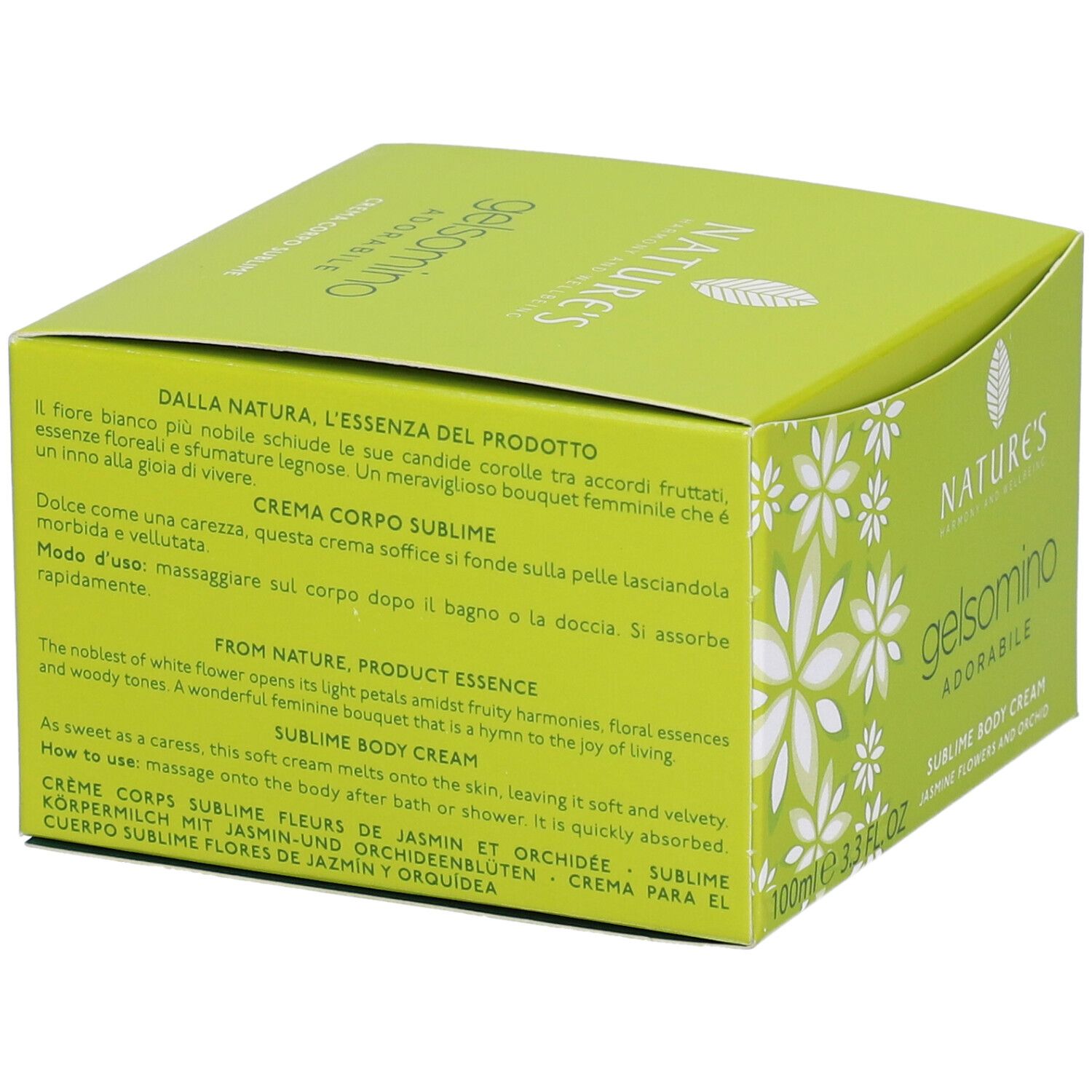 Scatola verde con testo. Scritte: Nature's, Gelsomino Adorabile, Sublime Body Cream. Testo su ingredienti e uso.