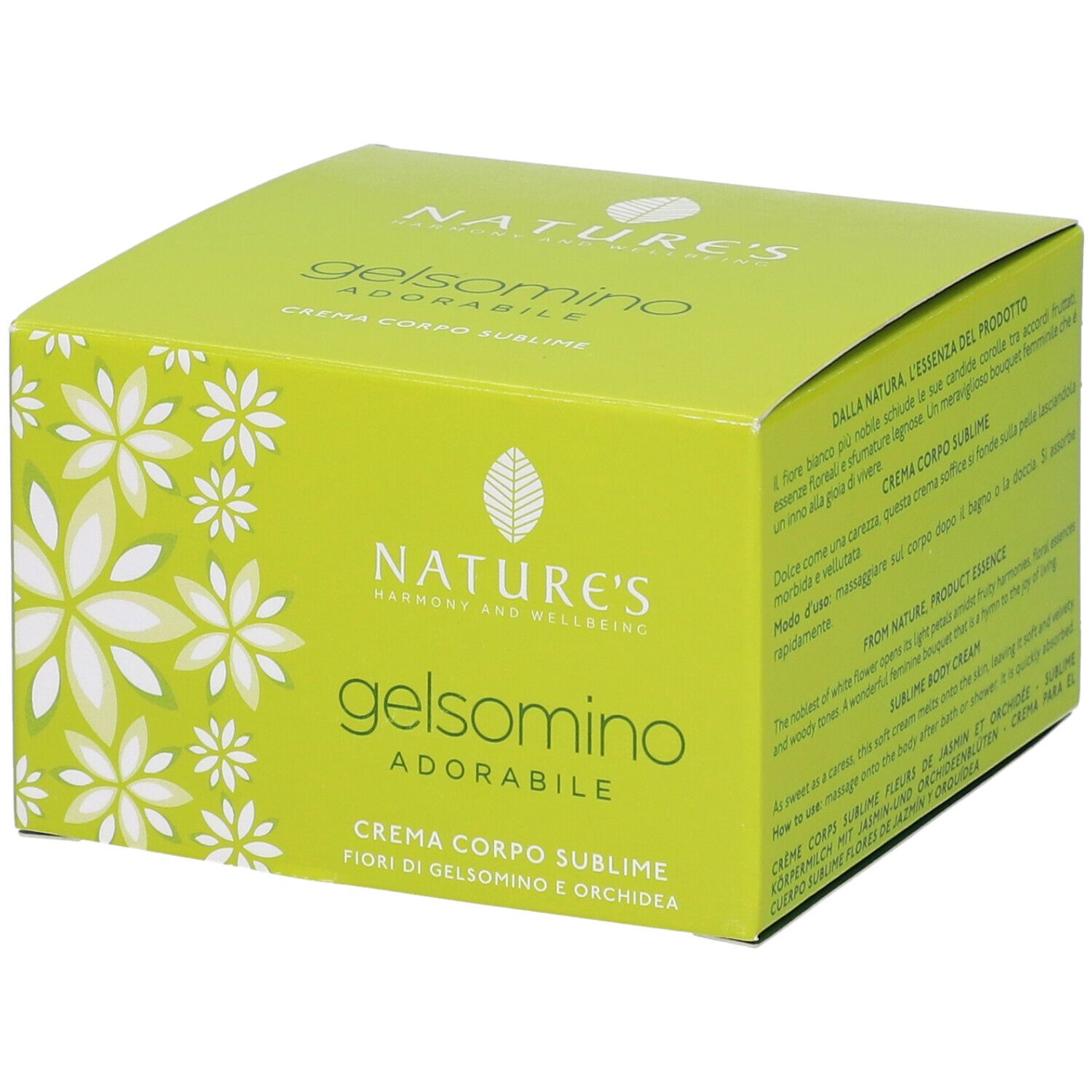 Scatola verde con testo. Scritte: Nature's, Gelsomino Adorabile, Crema Corpo Sublime. Testo su ingredienti e uso.