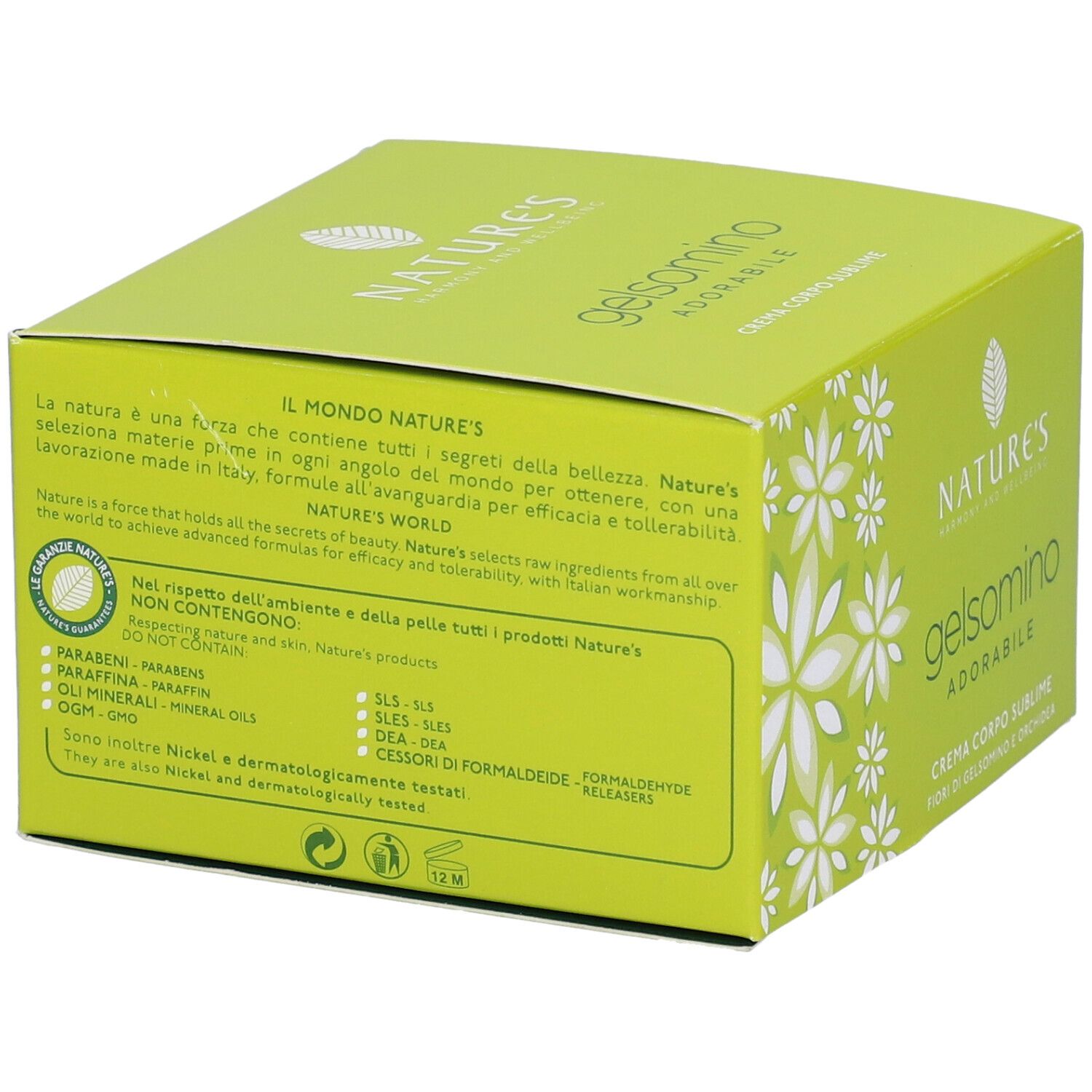 Scatola verde con testo. Scritte: Nature's, Gelsomino Adorabile, Crema Corpo Sublime. Testo su ingredienti e uso.