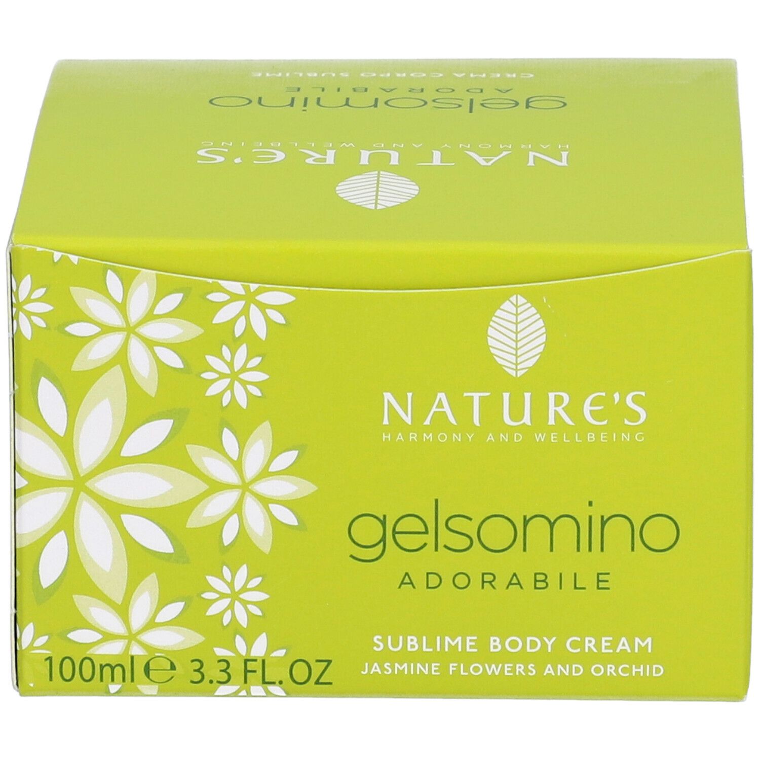 Scatola verde con testo. Scritte: Nature's, Gelsomino Adorabile, Sublime Body Cream. 100ml, 3.3 FL.OZ.