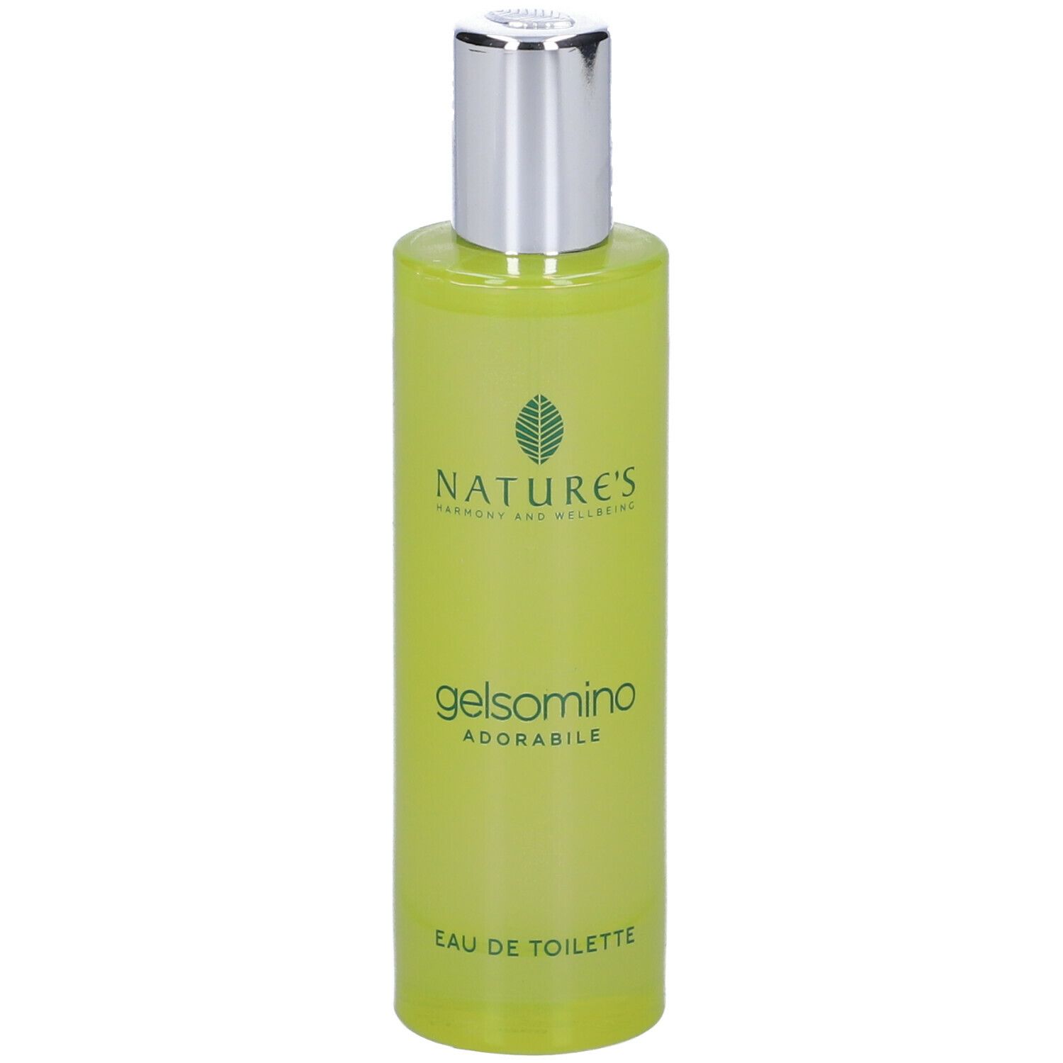 Flacone verde con tappo argentato. Scritta: Gelsomino Adorabile Eau de Toilette. Marchio Nature's.