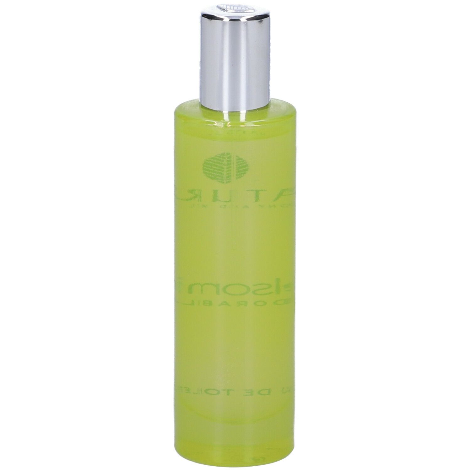Flacone verde con tappo argentato. Scritta: Gelsomino Adorabile Eau de Toilette. Marchio Nature's.