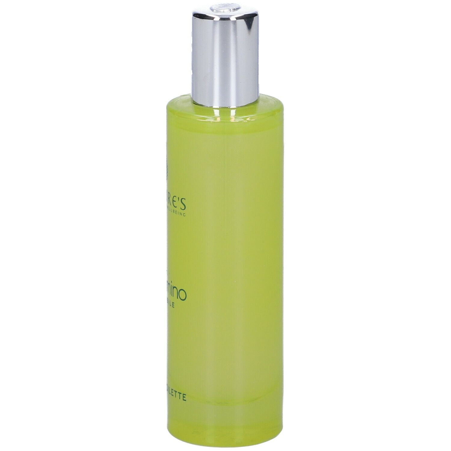 Flacone verde con tappo argentato. Scritta: Gelsomino Adorabile Eau de Toilette. Marchio Nature's.
