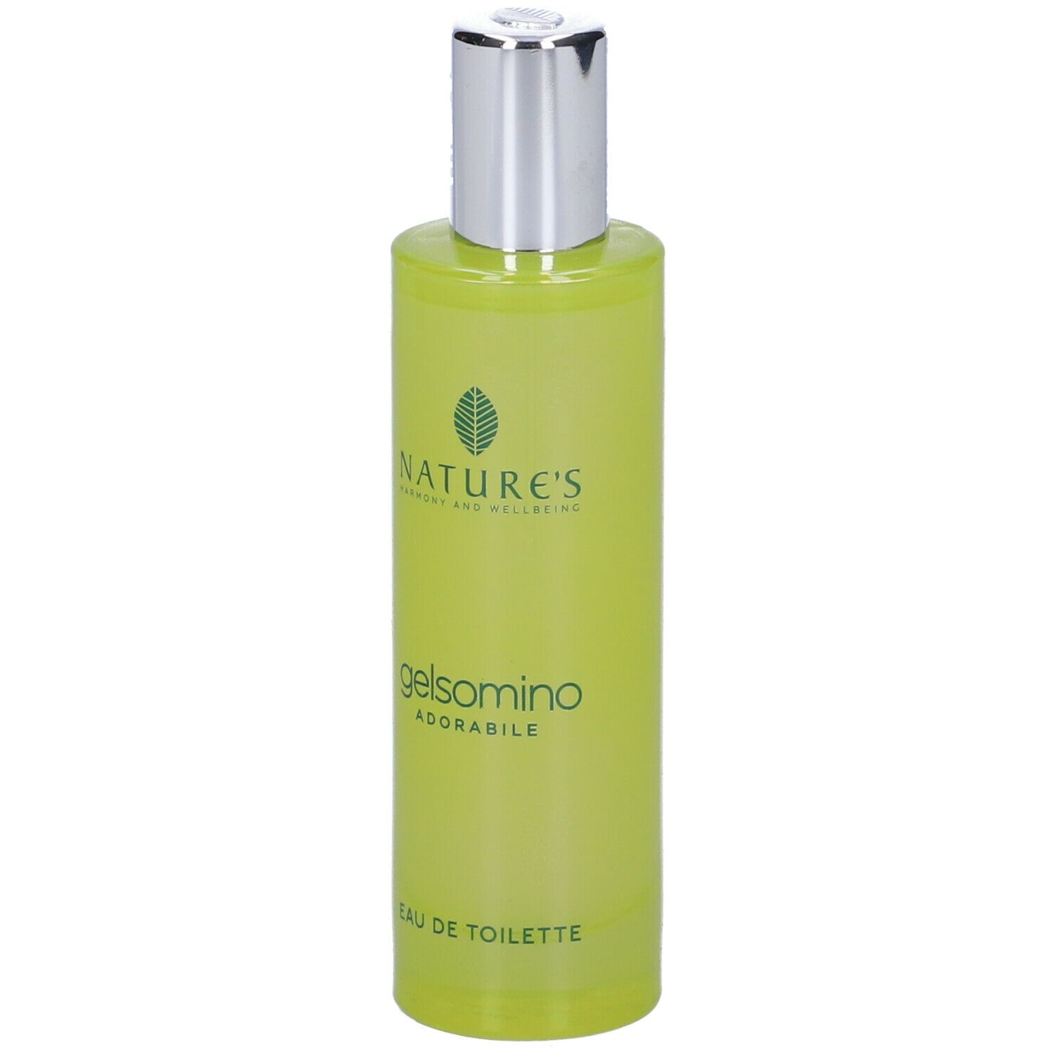 Flacone verde con tappo argentato. Scritta: Gelsomino Adorabile Eau de Toilette. Marchio Nature's.