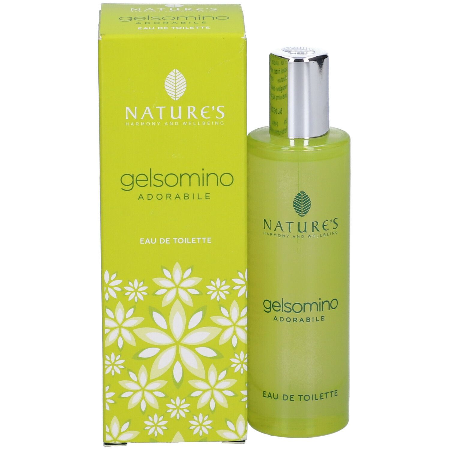 Flacone verde con tappo argentato ed etichetta gialla. Scritta: Gelsomino Adorabile Eau de Toilette. Con confezione.