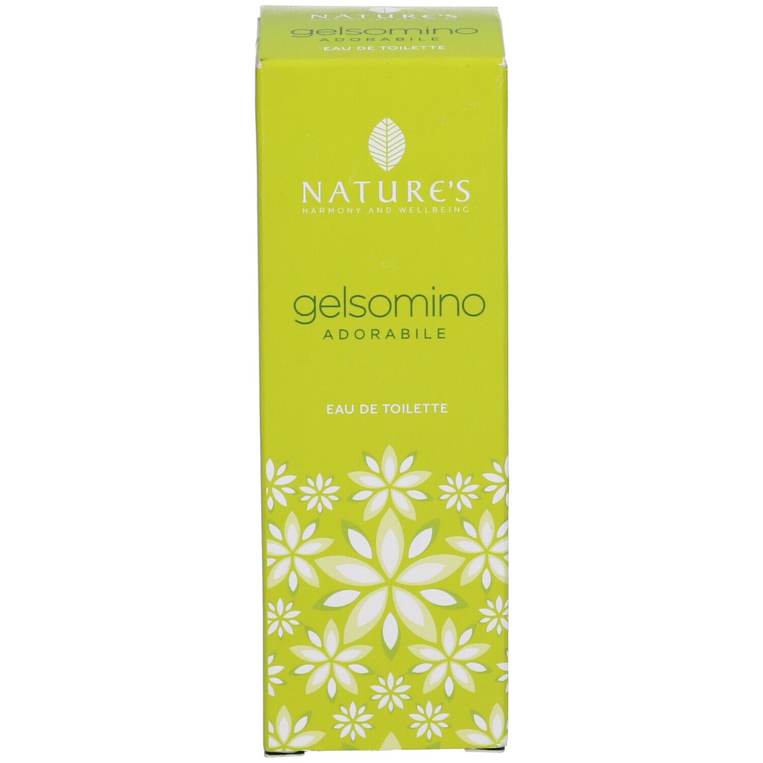 Confezione gialla con design floreale bianco. Scritta: Gelsomino Adorabile Eau de Toilette. Marchio Nature's.