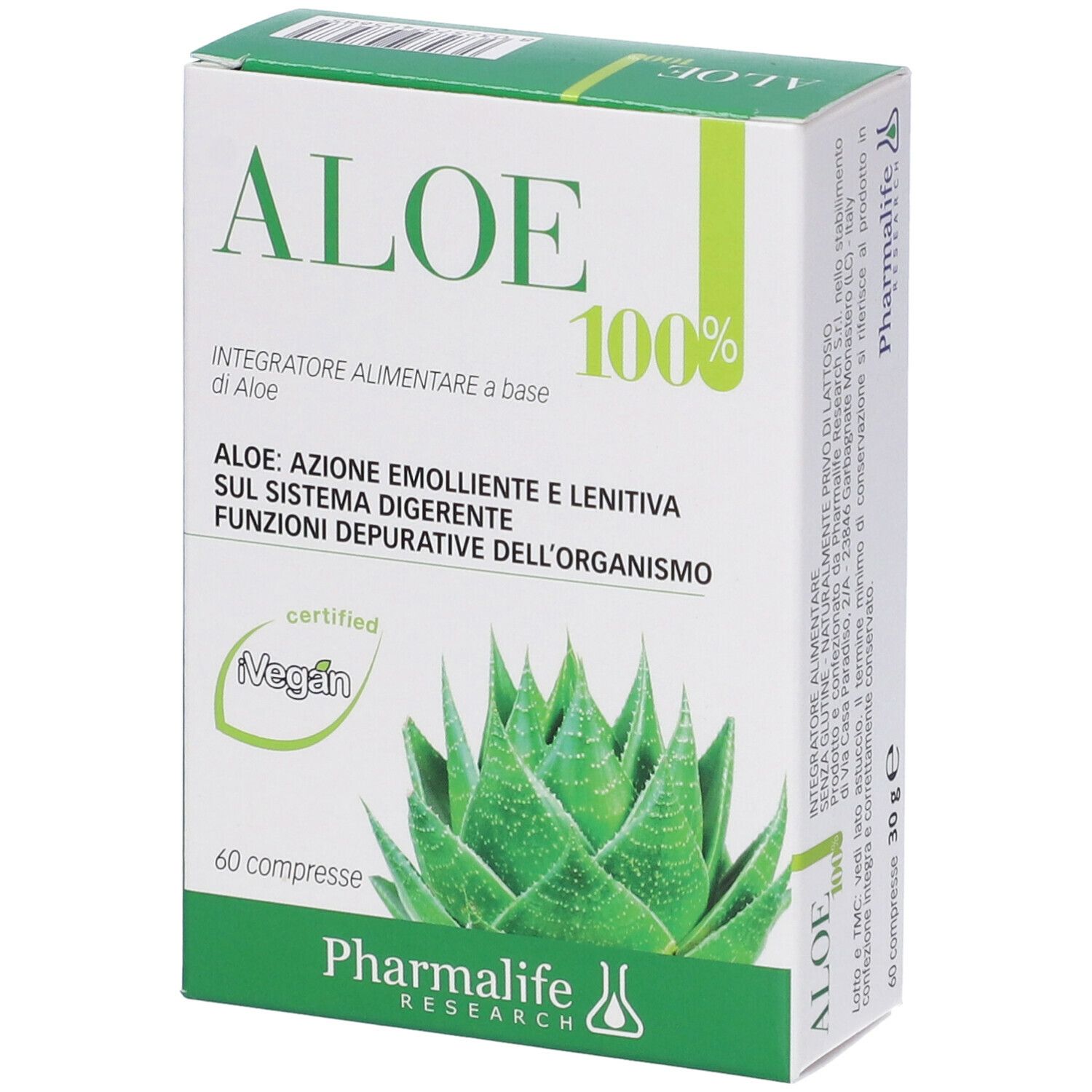 Scatola di compresse Aloe 100%. Confezione verde e bianca con nome del prodotto e immagine di aloe vera. Certificazione vegana.