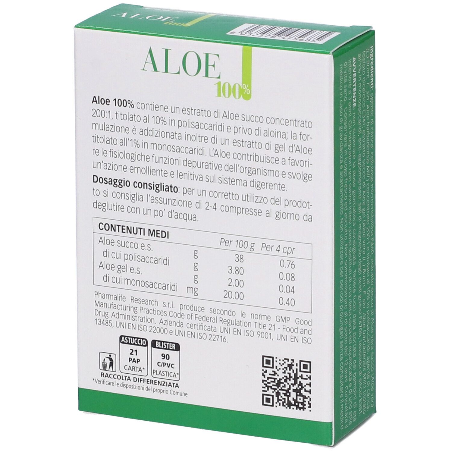 Retro della scatola di compresse Aloe 100%. Contiene informazioni sugli ingredienti e il dosaggio. Testo in italiano.