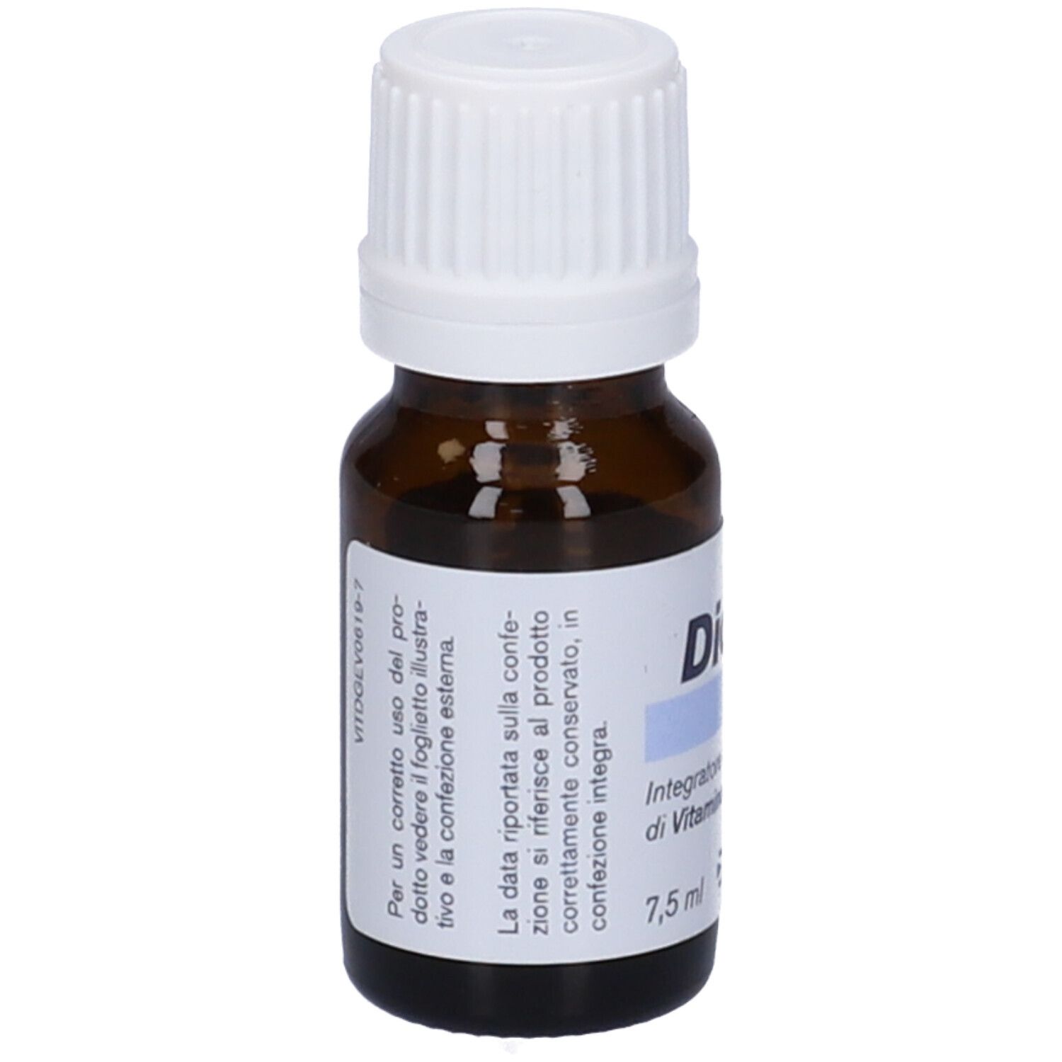 Flacone di vetro marrone con tappo bianco. Etichetta con testo e 'Dicovit D'.