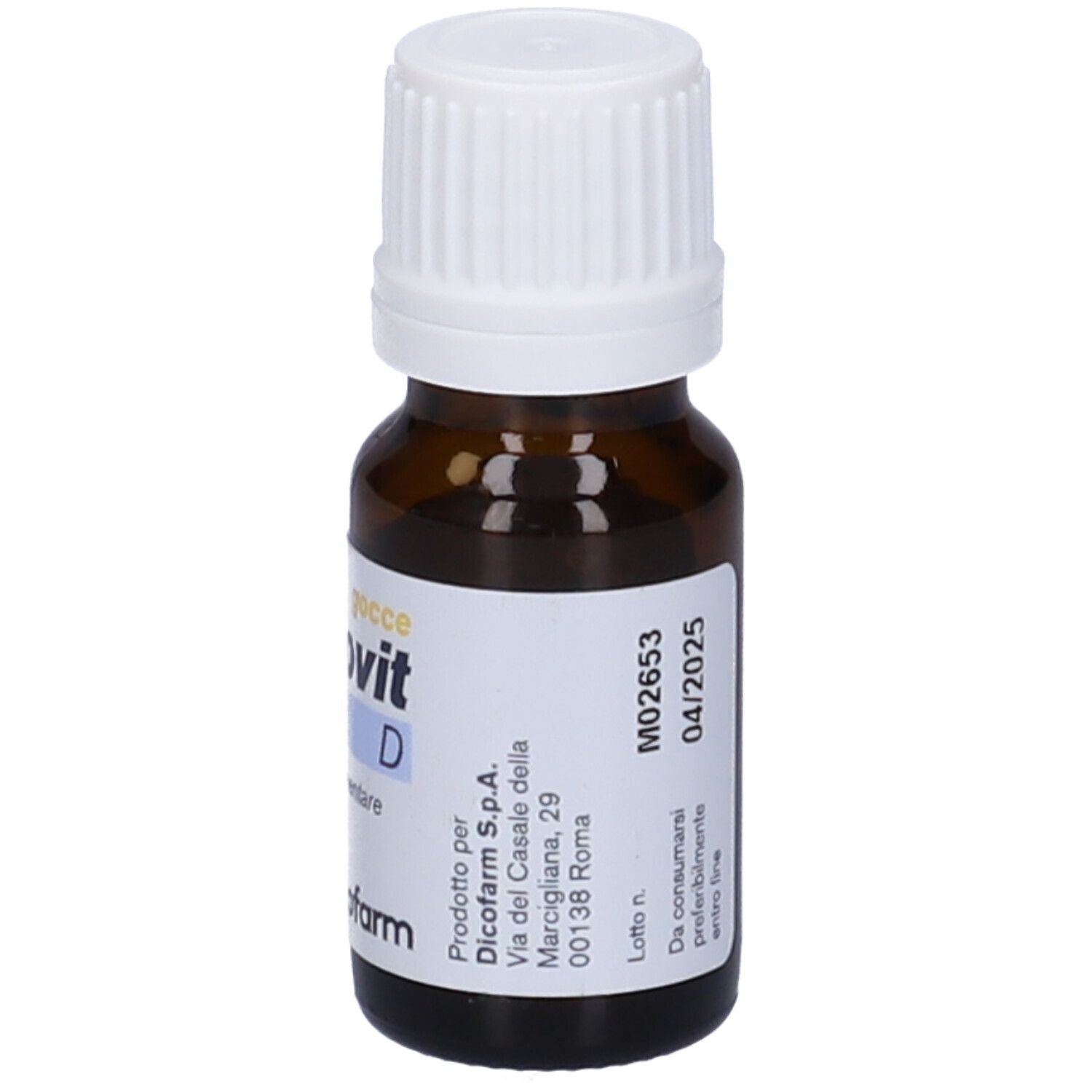 Flacone di vetro marrone con tappo bianco. Etichetta con testo e 'Dicovit D'.