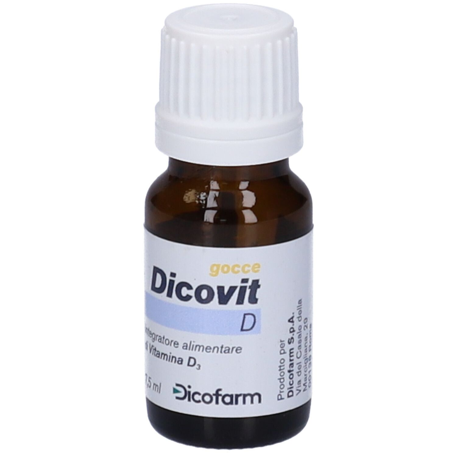 Flacone di vetro marrone con tappo bianco. Etichetta con 'Dicovit D' e 'Integratore alimentare di Vitamina D3'.