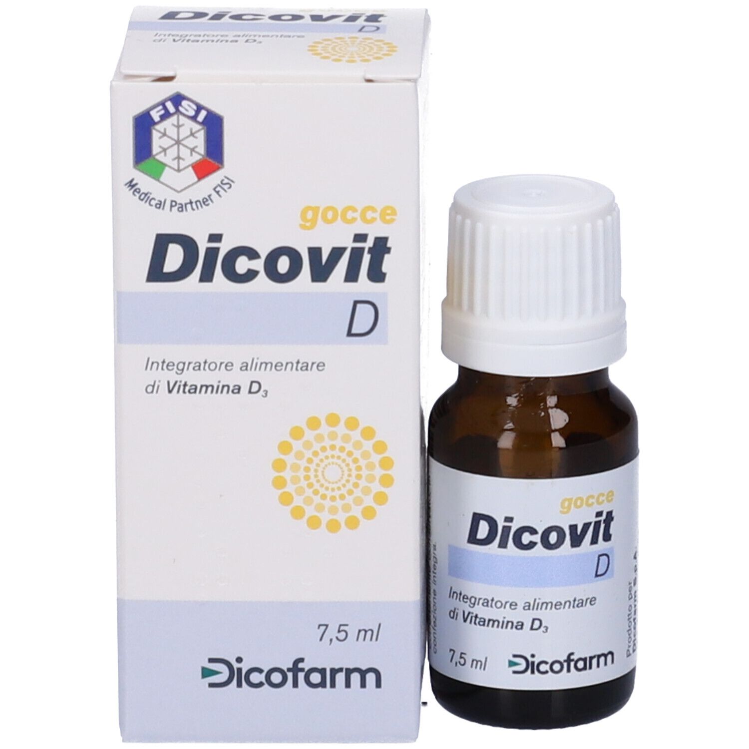 Confezione del prodotto con flacone. Scatola con 'Dicovit D' e flacone con 'Dicovit D'.