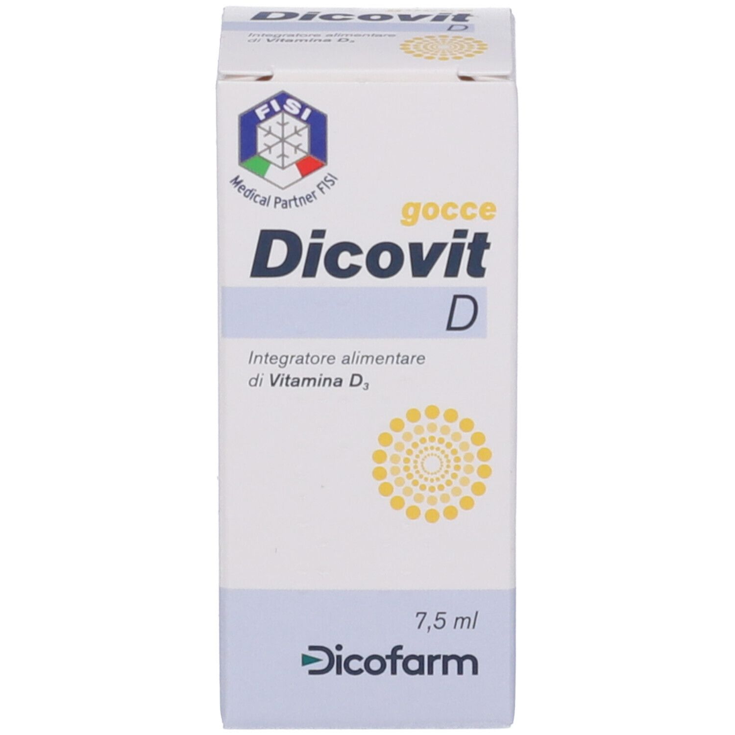 Confezione del prodotto con 'Dicovit D' e logo. Scatola con 'Dicovit D' e motivo giallo.