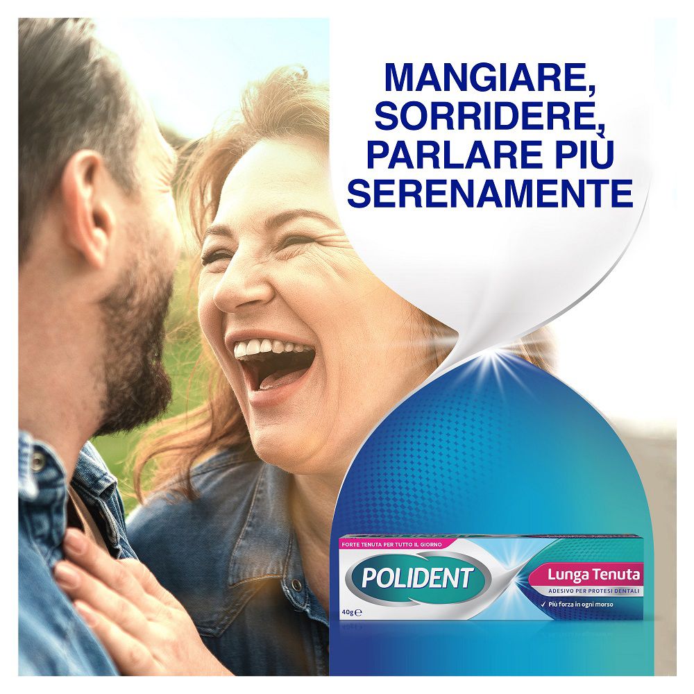 Werbebild für Polident Haftcreme mit lächelndem Paar und Produkt.