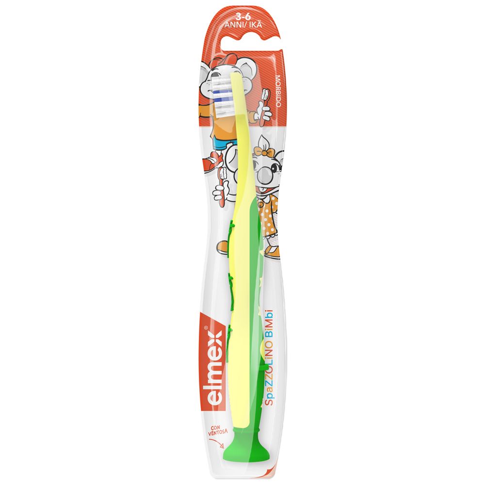 Zahnbürste für Kinder, gelb-grün, mit Verpackung. Aufdruck: 3-6 Jahre, Elmex, Spazzolino Bimbi.