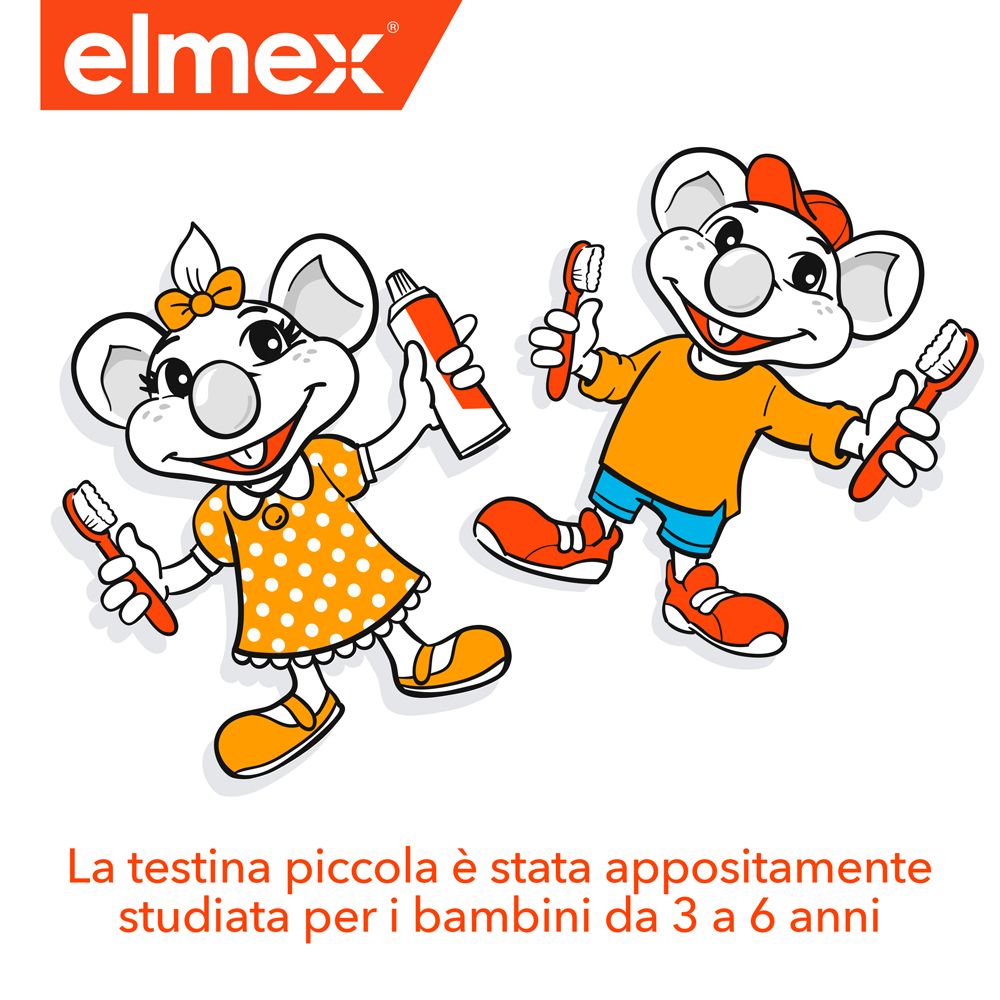 Zwei Zeichentrickfiguren halten Zahnbürsten und Zahnpasta. Elmex Logo oben links.