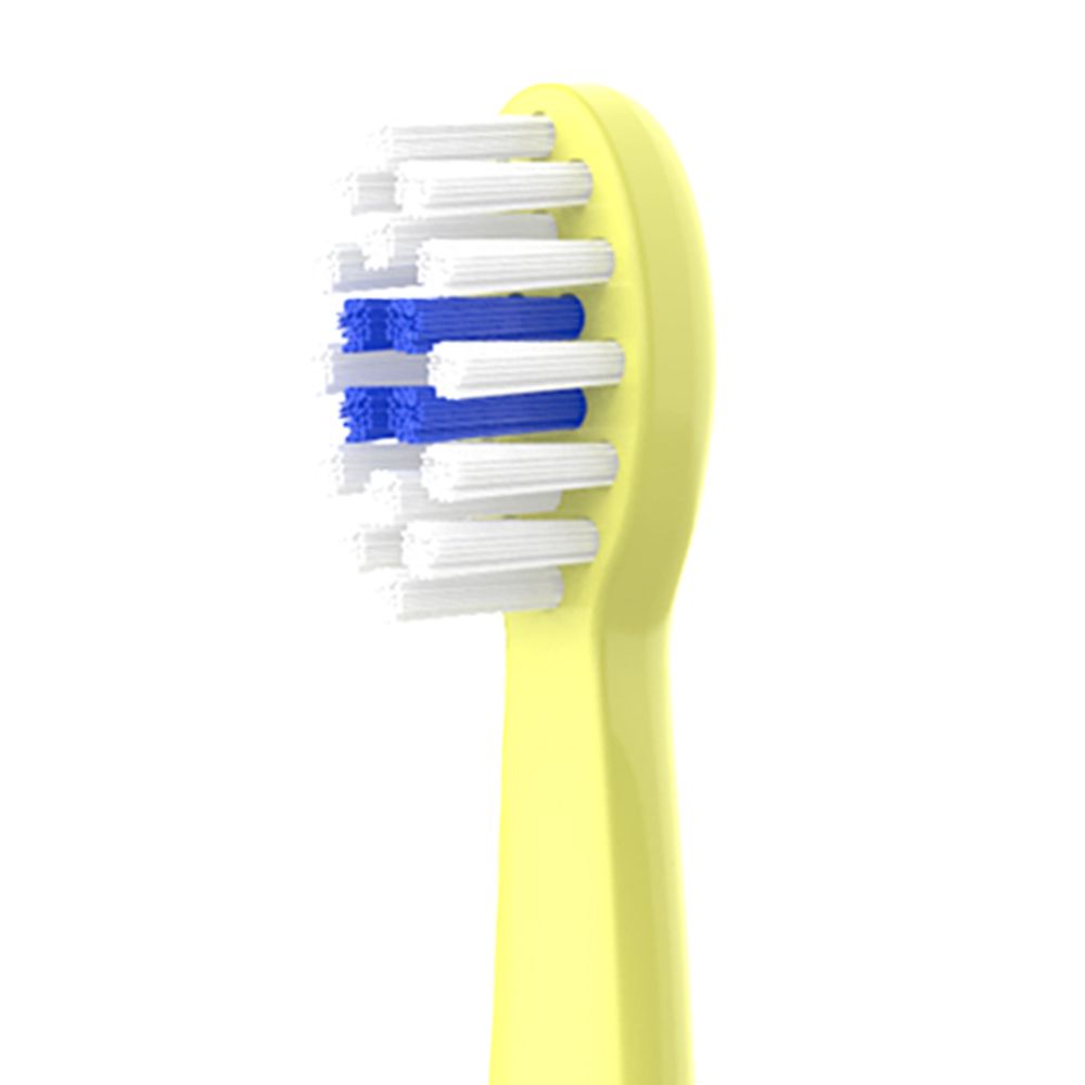 Nahaufnahme des Bürstenkopfes einer gelben Zahnbürste. Blaue Borsten in der Mitte.