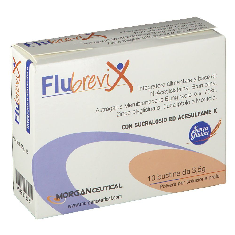 Scatola con nome del prodotto e ingredienti. 10 bustine da 3,5g. Sigillo senza glutine. Marca: Morgan Ceutical.