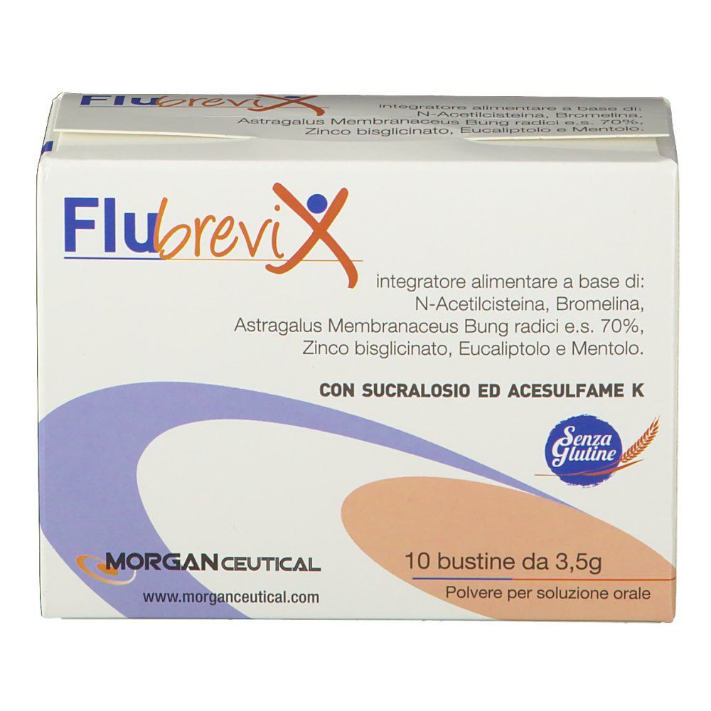 Scatola con nome del prodotto e ingredienti. 10 bustine da 3,5g. Sigillo senza glutine. Marca: Morgan Ceutical.