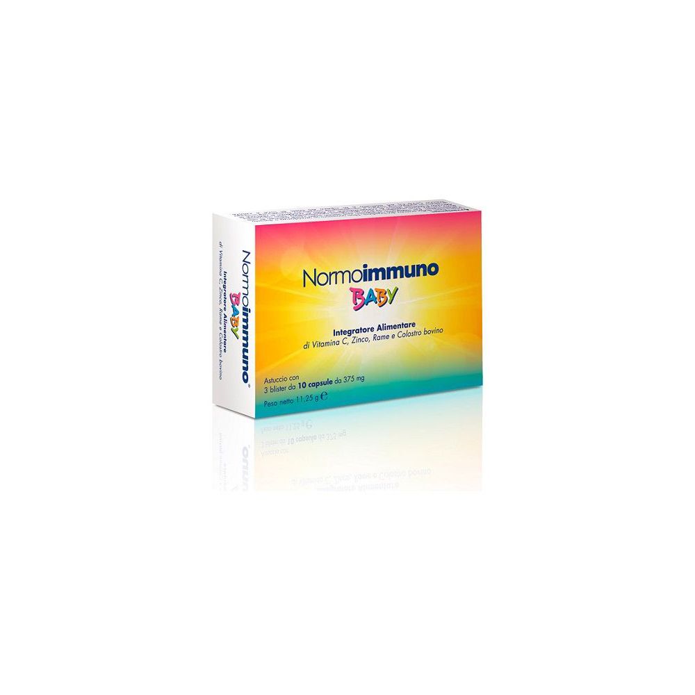 Confezione di Normoimmuno Baby. Scritta: Normoimmuno Baby, integratore alimentare con vitamina C, zinco, rame e colostro. 30 capsule.