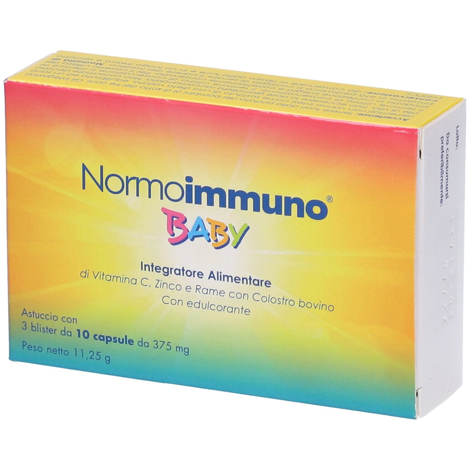 Confezione di Normoimmuno Baby. Scritta: Normoimmuno Baby, integratore alimentare. Contiene vitamina C, zinco, rame e colostro. 3 blister da 10 capsule.