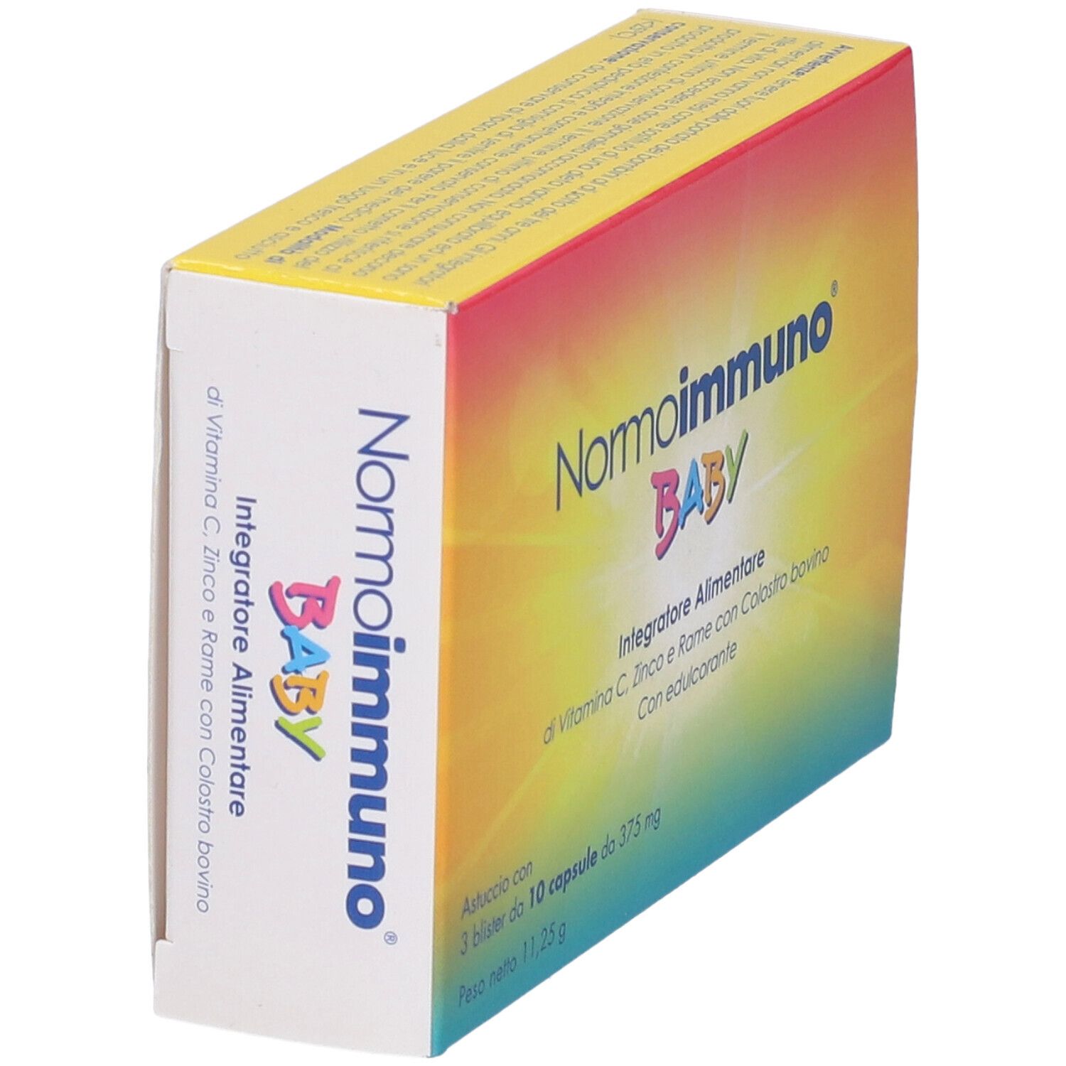 Confezione di Normoimmuno Baby. Scritta: Normoimmuno Baby, integratore alimentare. Contiene vitamina C, zinco, rame e colostro. 3 blister da 10 capsule.