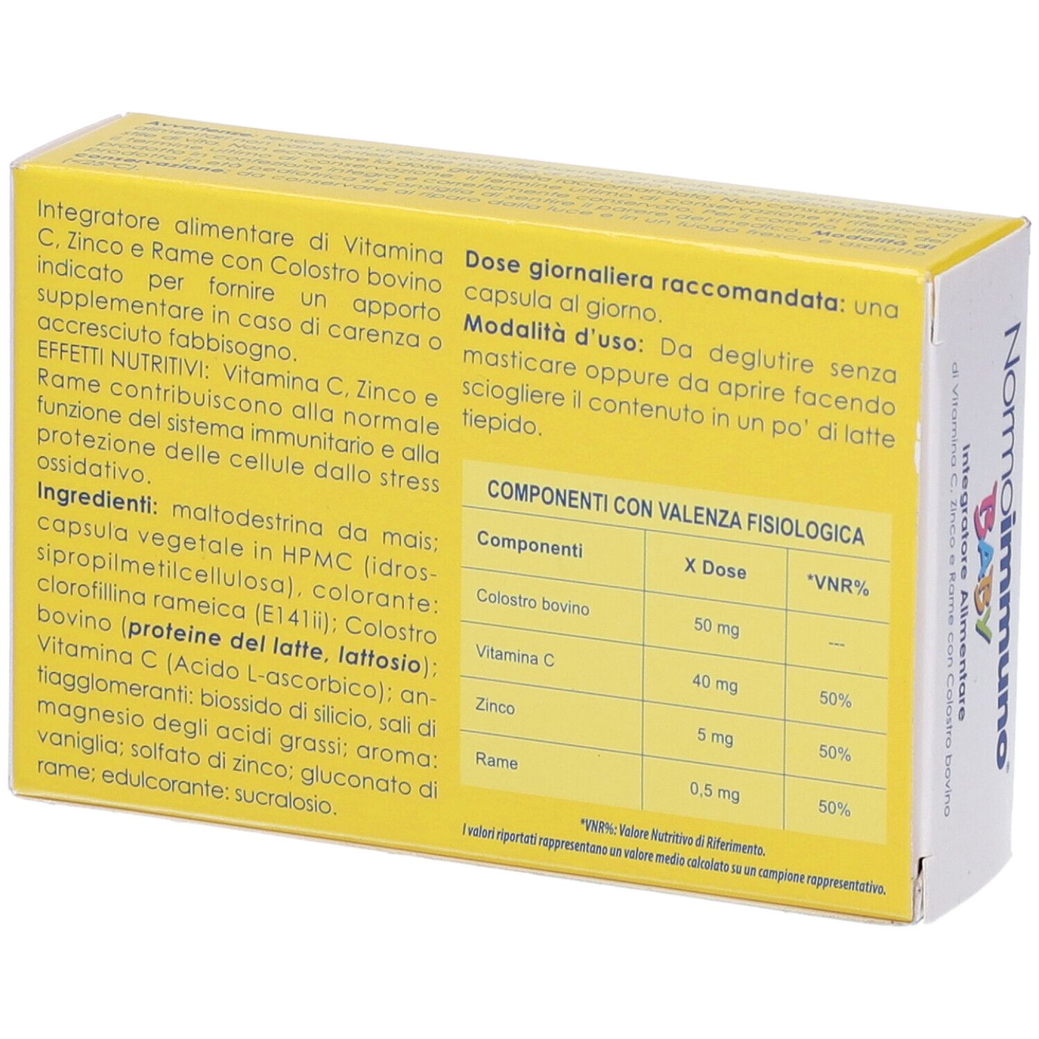 Retro della confezione Normoimmuno Baby. Contiene informazioni su ingredienti, dosaggio e valori nutrizionali. Sfondo giallo con testo.
