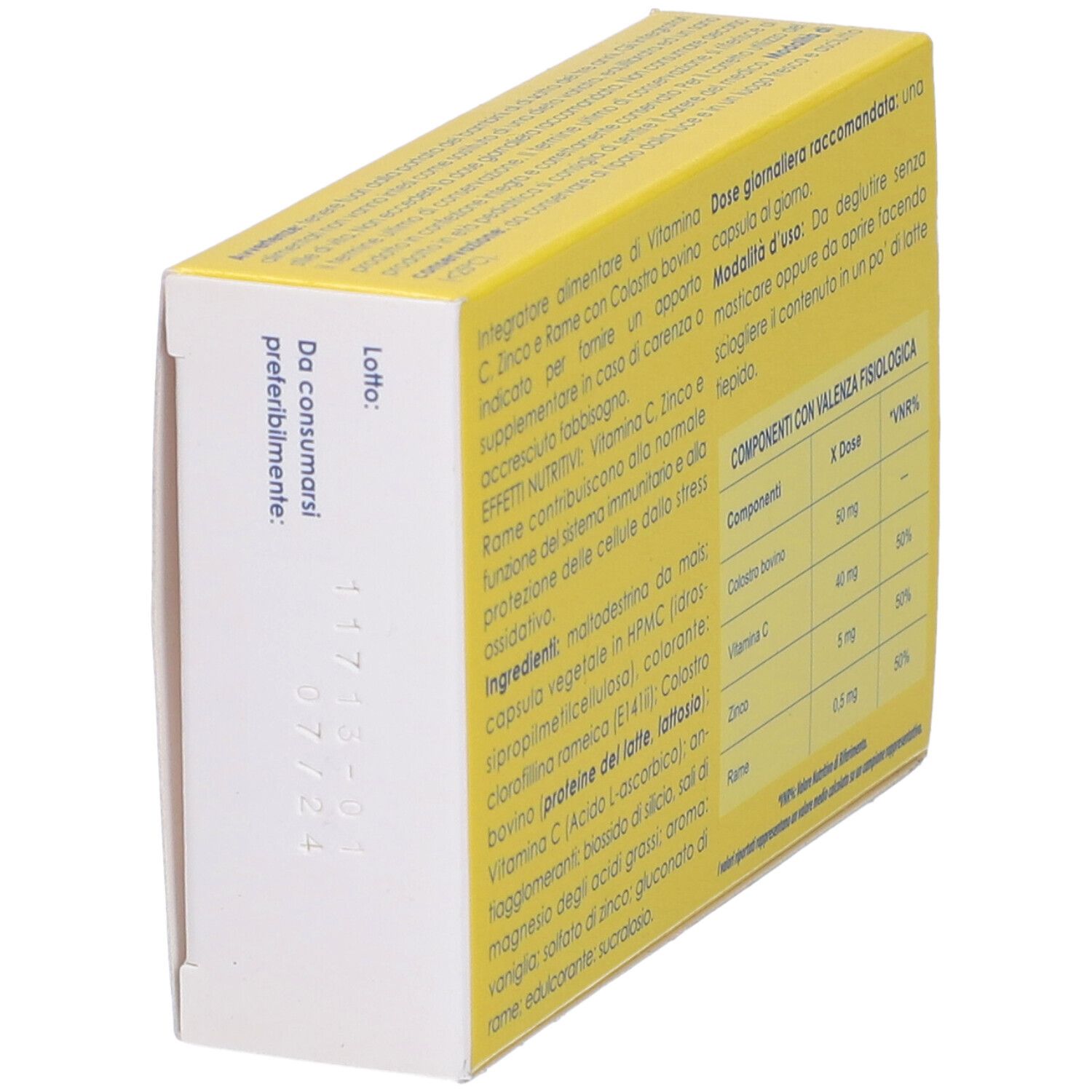 Retro della confezione Normoimmuno Baby. Contiene informazioni su ingredienti, dosaggio e valori nutrizionali. Sfondo giallo con testo.