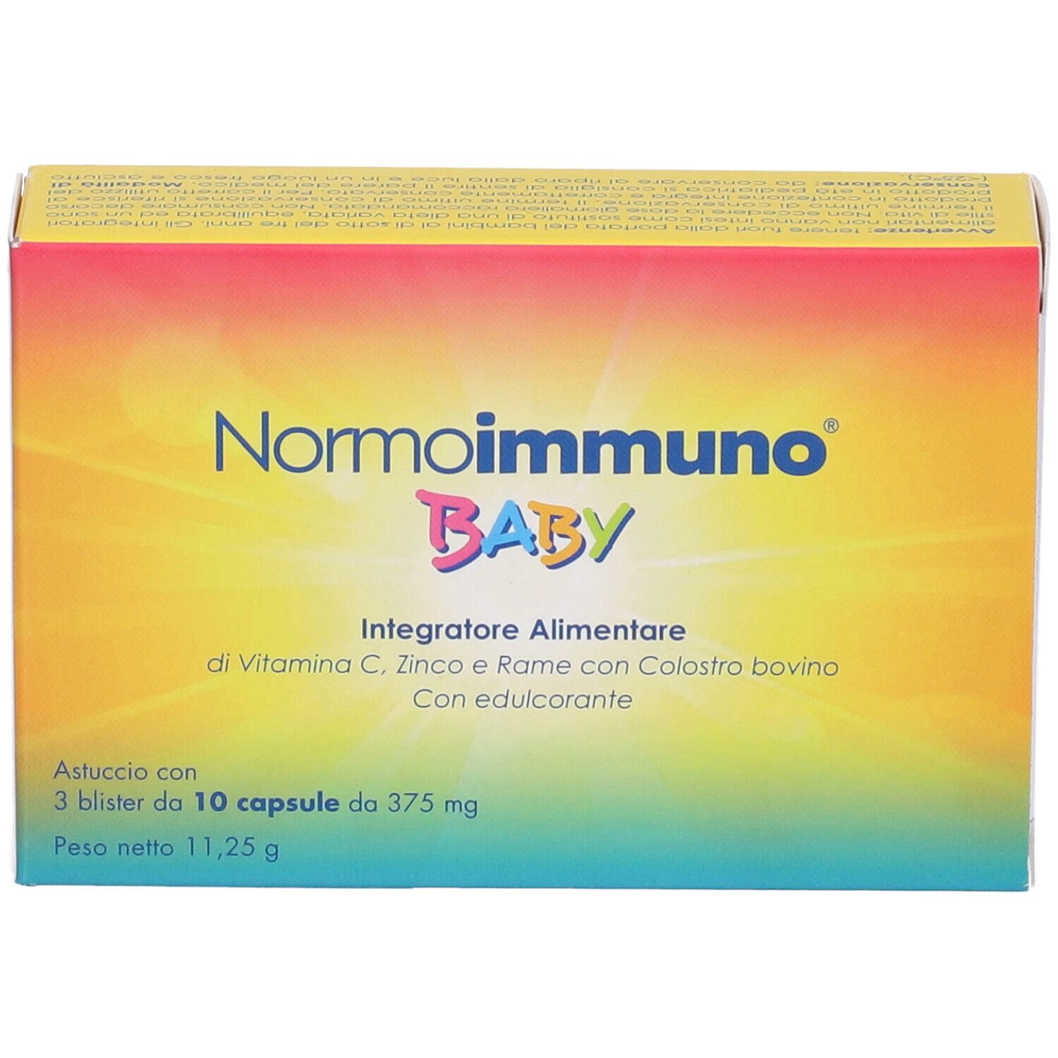 Confezione di Normoimmuno Baby. Scritta: Normoimmuno Baby, integratore alimentare con vitamina C, zinco, rame e colostro. 3 blister da 10 capsule.